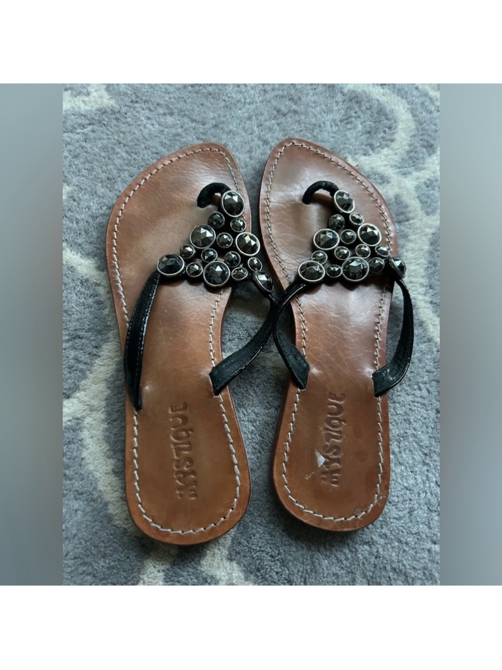 Mystique Boutique Brown Leather Sandals with Black Jeweled Straps Size 9